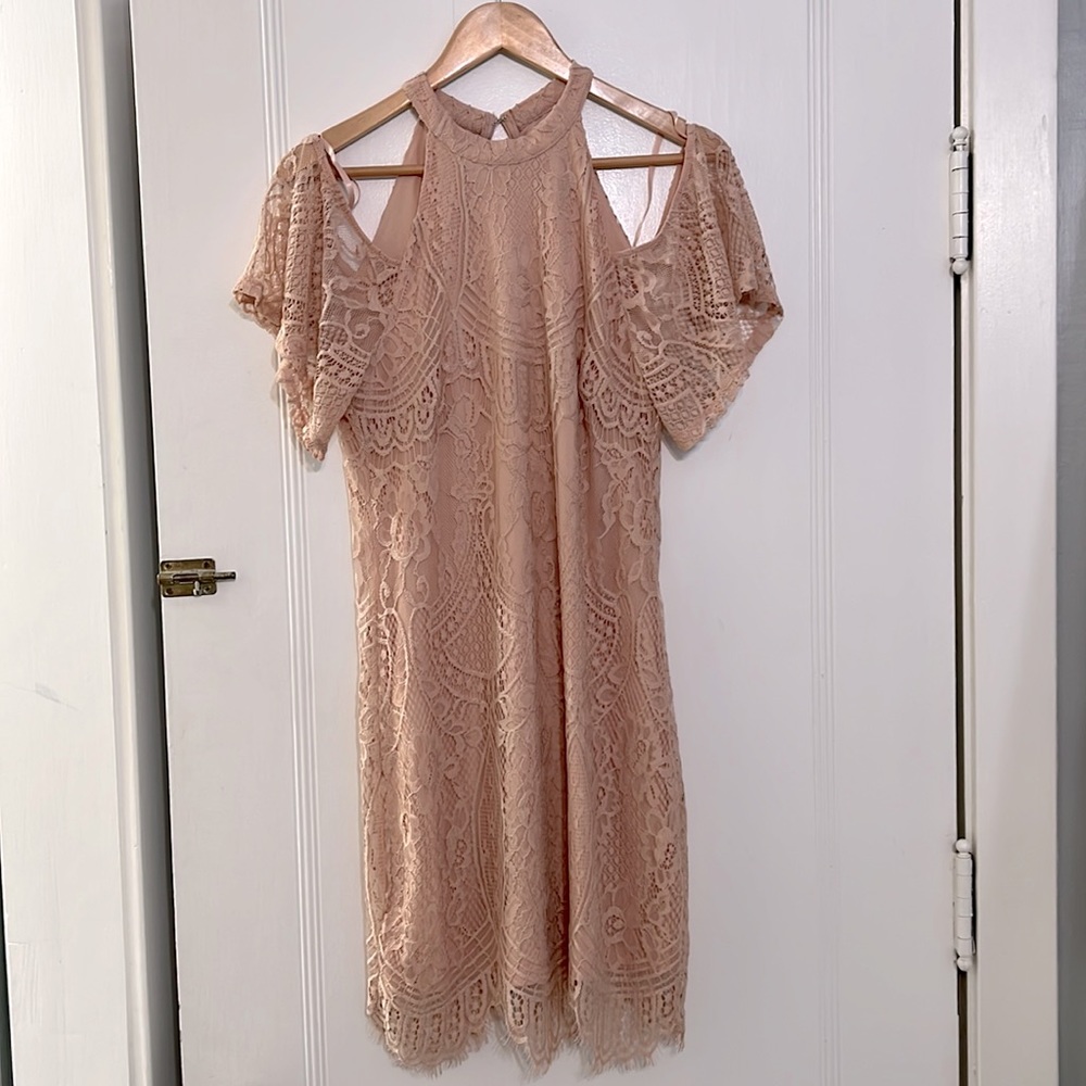 Cute Pink Lace Halter Neck and Open shoulder mini Dress,Francesca size M